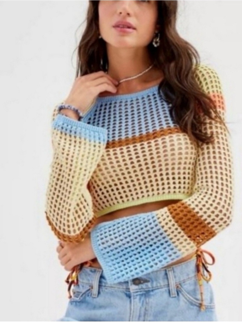 Urban Outfitters Multicolor Open Crochet Crop Sweater Beach Boho Stripe 2 XS